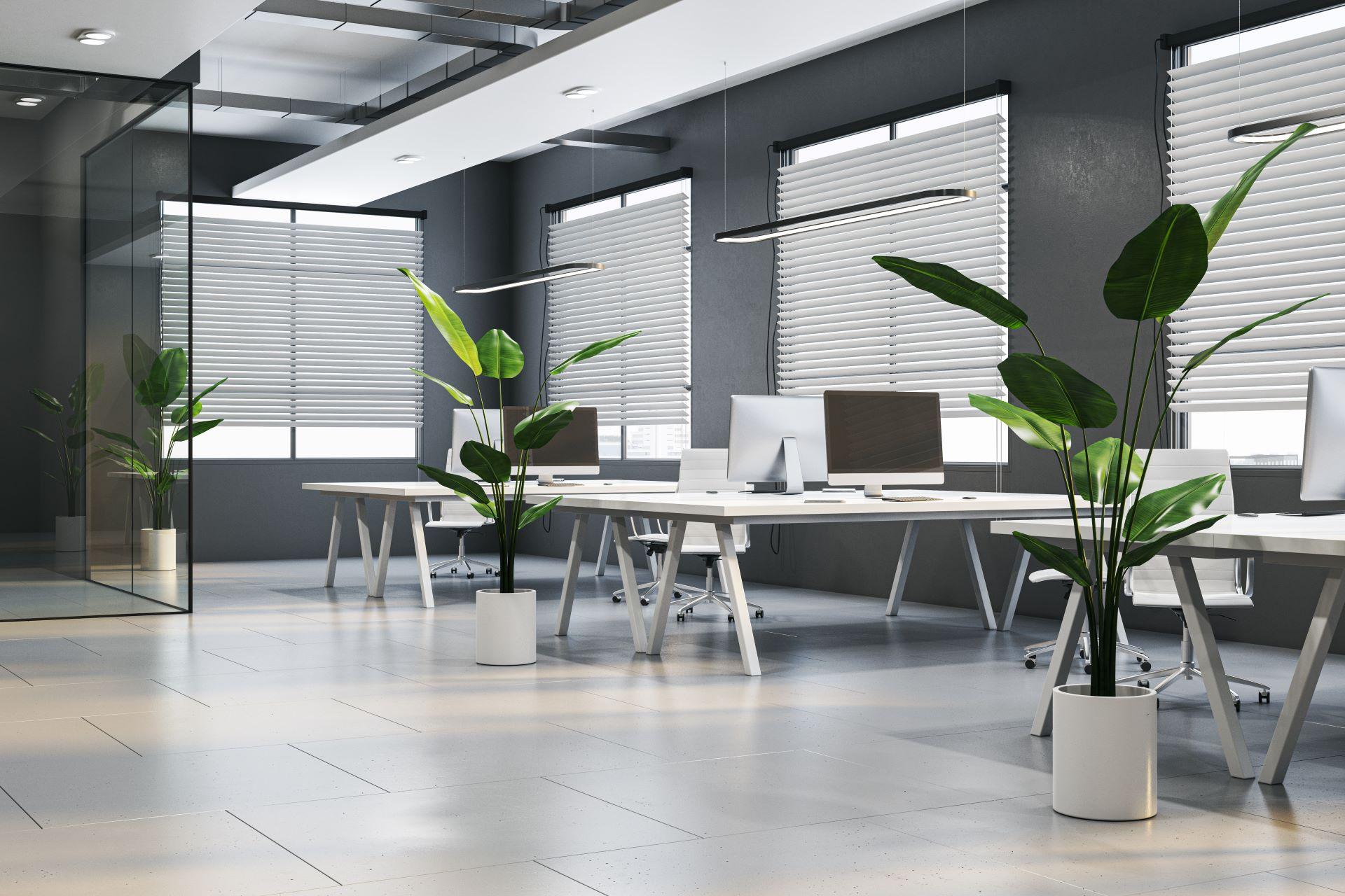 Helles Beton-Coworking-Büro-Interieur mit Möbeln, Geräten, Jalousien und anderen Gegenständen. 3D-Rendering.