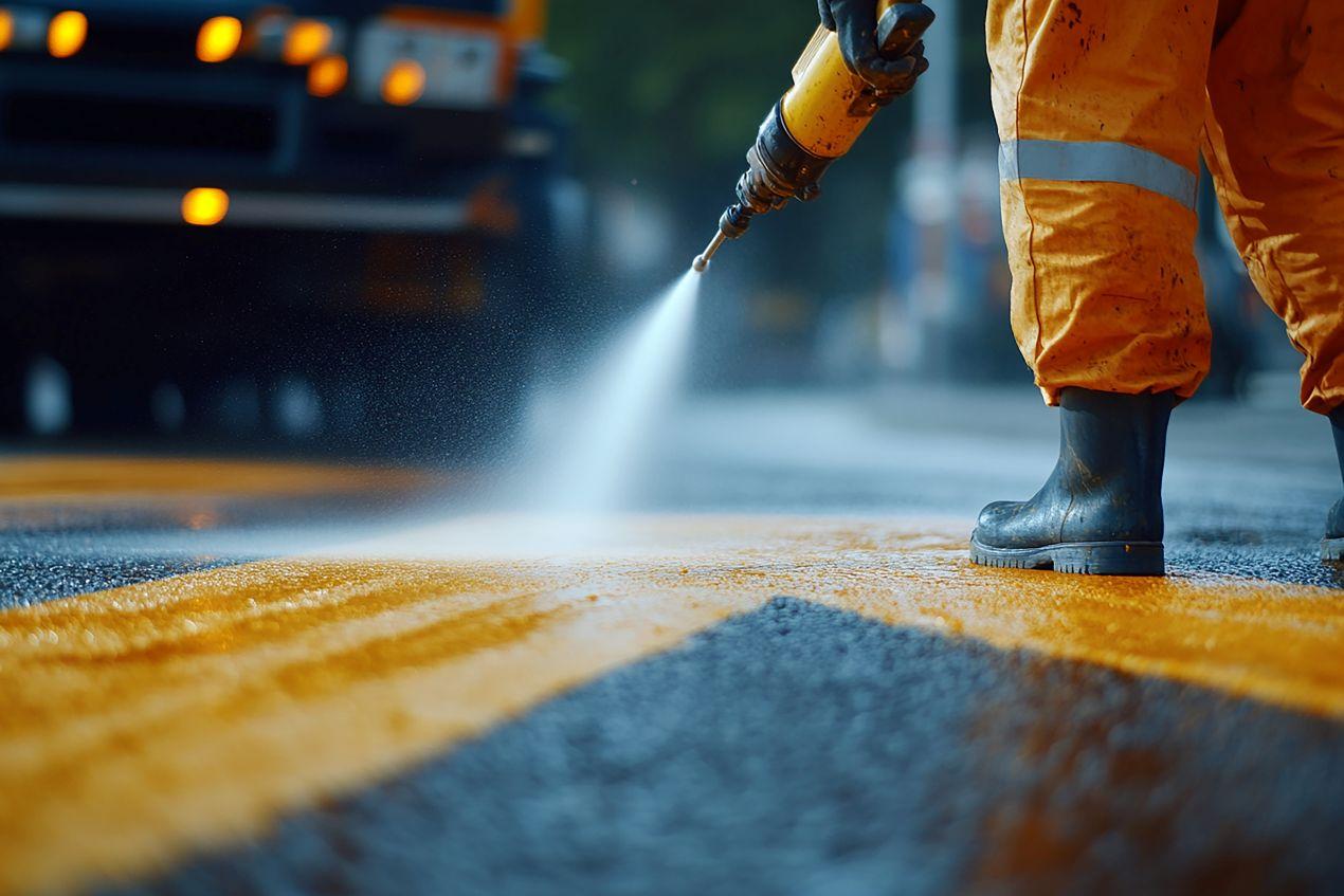 Arbeiter trägt mit Hochdruckreiniger eine gelbe Bodenmarkierung auf, um Verkehrssicherheit zu gewährleisten.