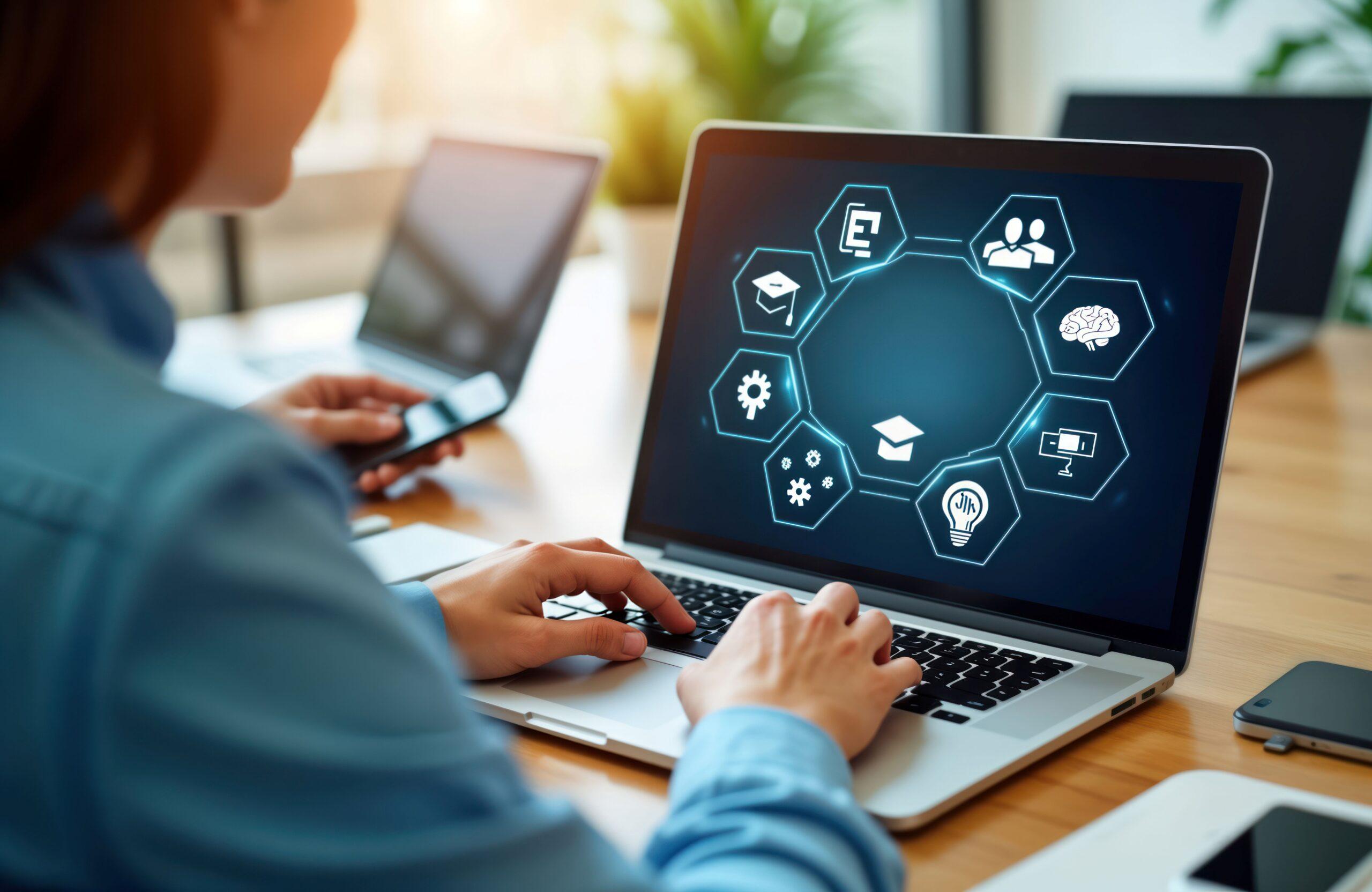 Arbeitsschutz E-Learning: Person arbeitet am Laptop mit grafischer Lernplattform