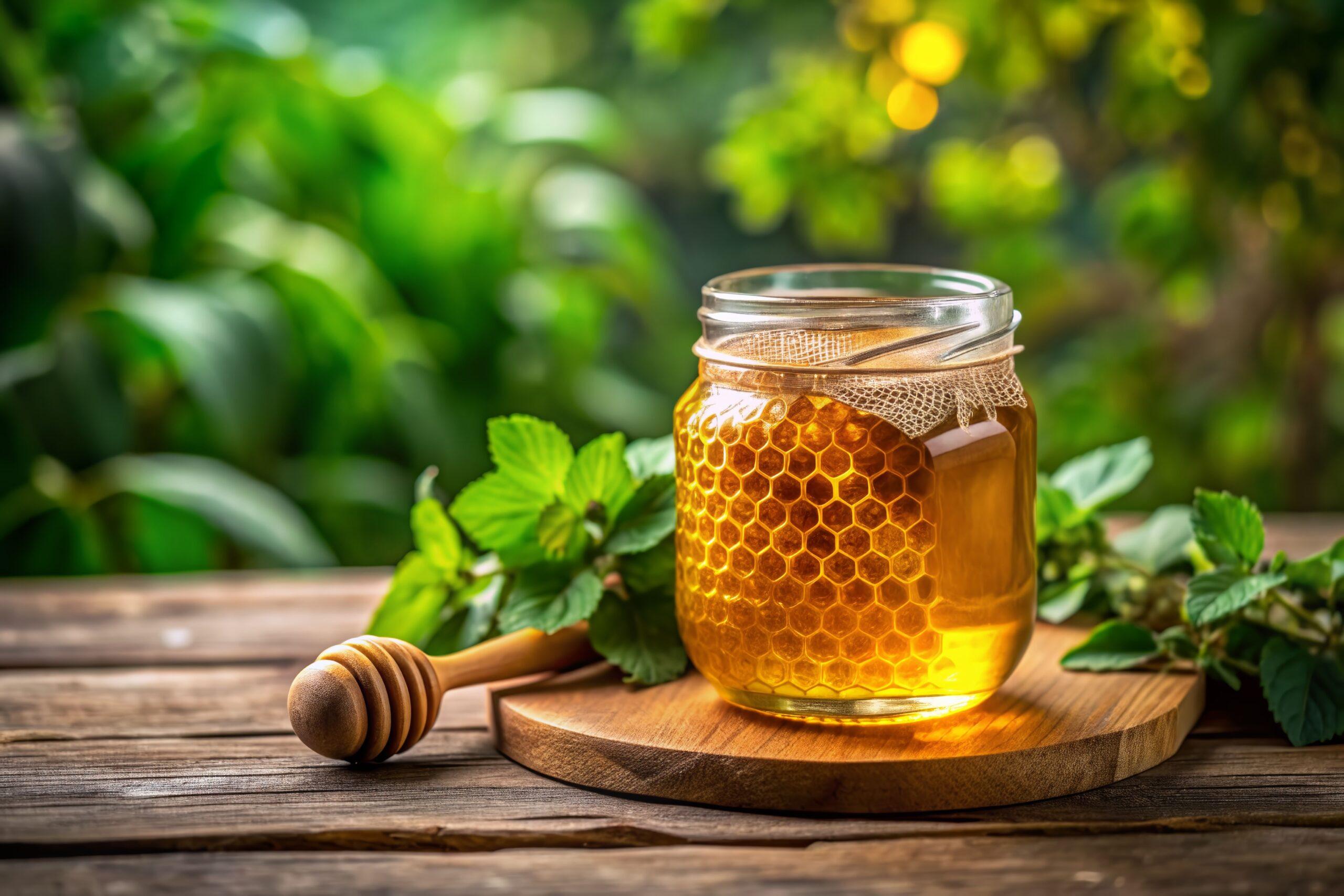 Glas mit Manuka Honig MGO 400 und Wabenstück auf Holzbrett