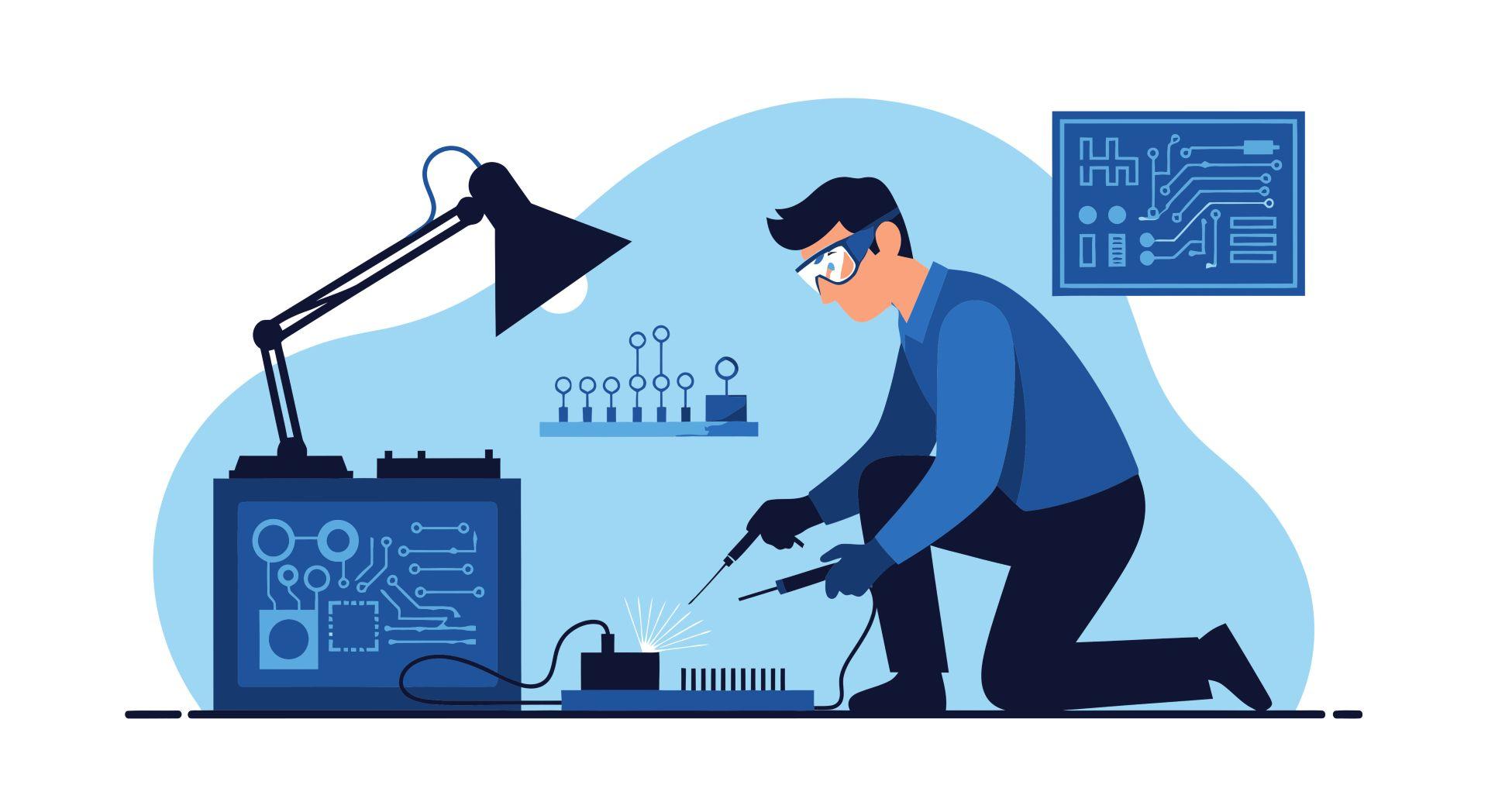 Illustration eines Technikers bei der manuellen Montage von Baugruppen